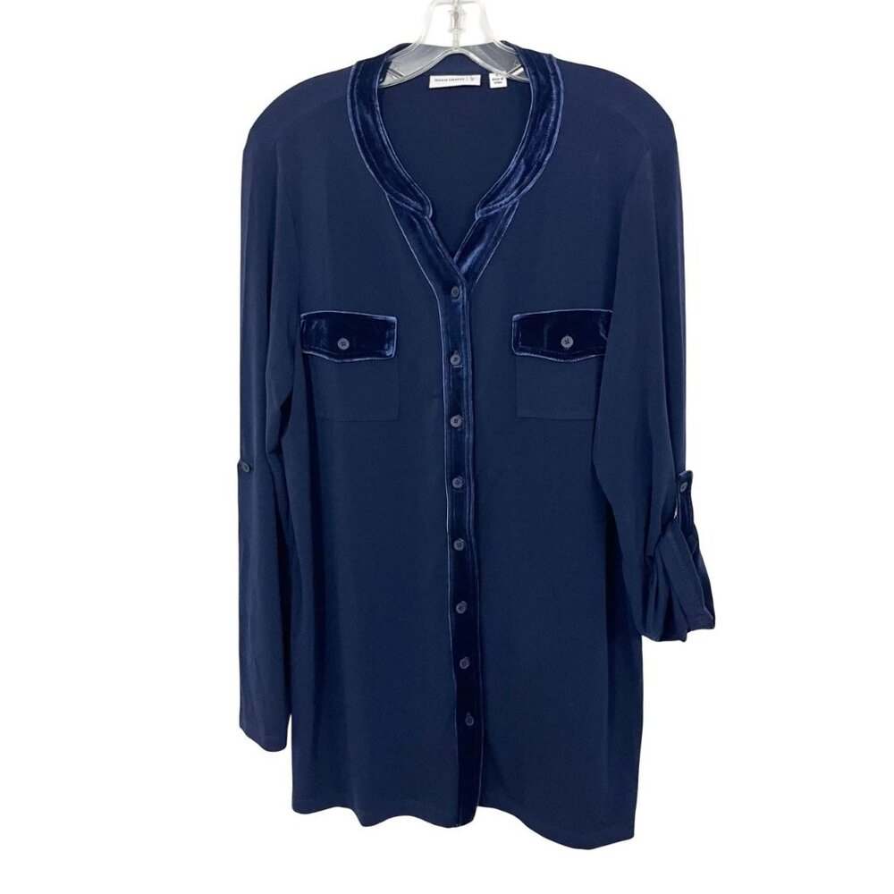 Susan Graver Navy Blue Liquid Knit Velvet Trim Top‎ - Size Large